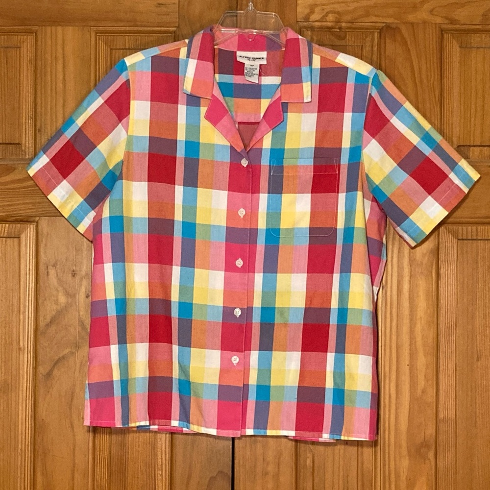 EUC Alfred Dunner Petite Vintage 90s Top Short Sleeve Blouse Plaid Red Blue 14P